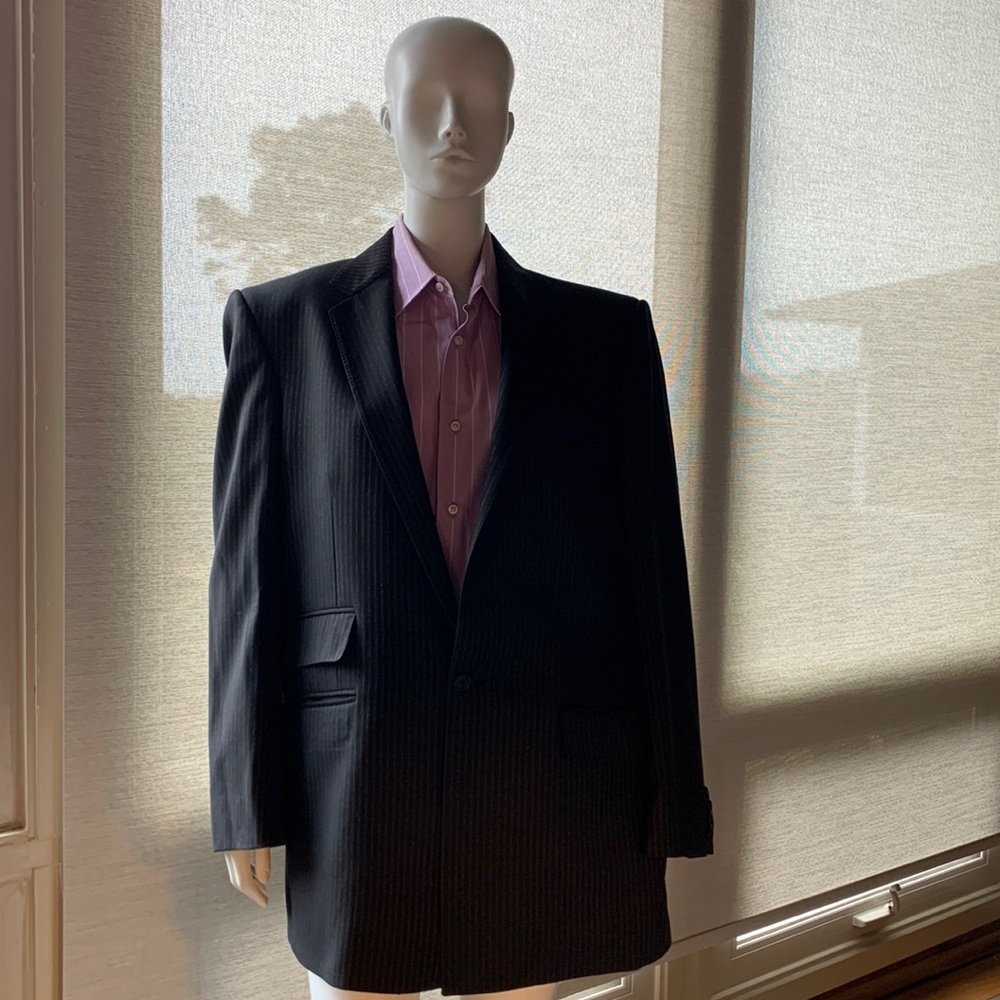 Custom tailored black pinstriped suit. 42L.